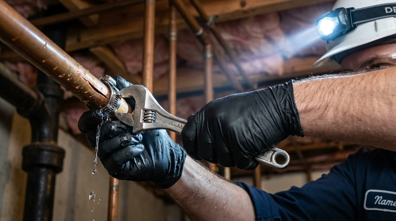 Emergency pipe clamp repair being performed by a Johns Plumbing LLC plumber in Bainbridge Island