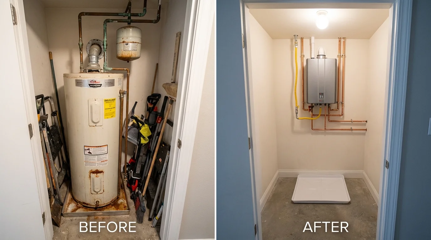 Tank water heater versus wall-mounted tankless unit comparison for Bainbridge Island, WA homeowners