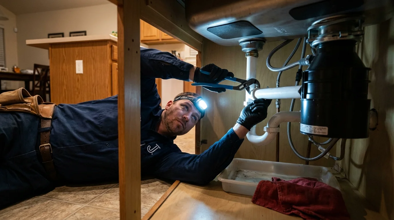 P-trap and supply line connections under a kitchen sink showing a common leak point in Bainbridge Island, WA
